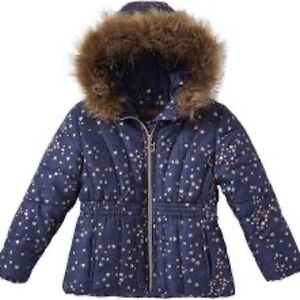 Navy Puffer Jacket with Gold Heart Print